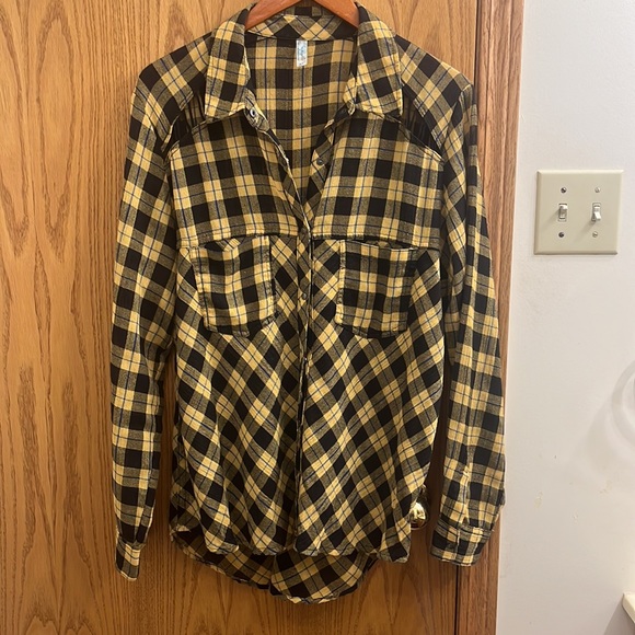 Free People Yellow Gauzy Plaid Lace Up Button Down Top - Picture 3 of 11